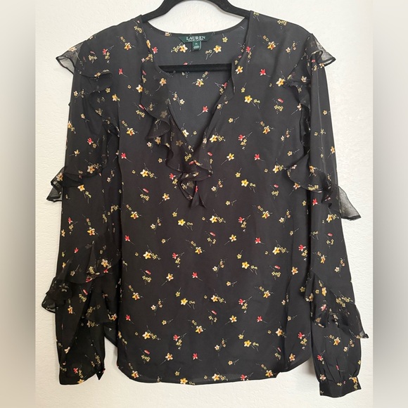 LAUREN RALPH LAUREN Women's Floral Print Ruffled Keyhole Blouse Shirt Top - Picture 2 of 9
